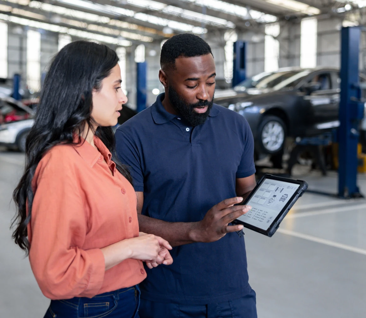 Discussing vehicle diagnostics in garage